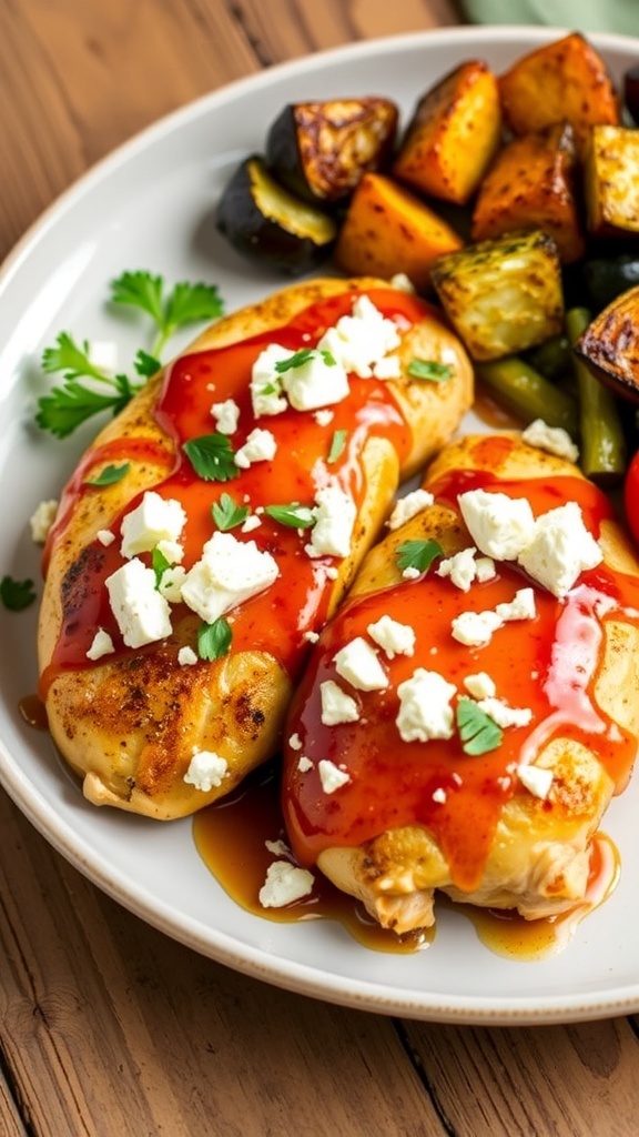 Feta Hot Honey Chicken Recipe Feta hot honey chicken with feta cheese and hot honey drizzle, garnished with parsley, on a wooden table.